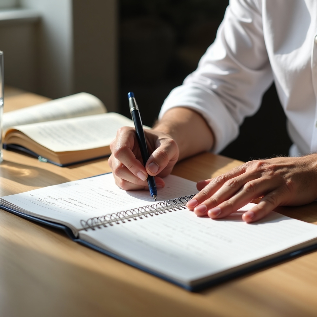 Person writing in a structured financial habits workbook at a wooden desk