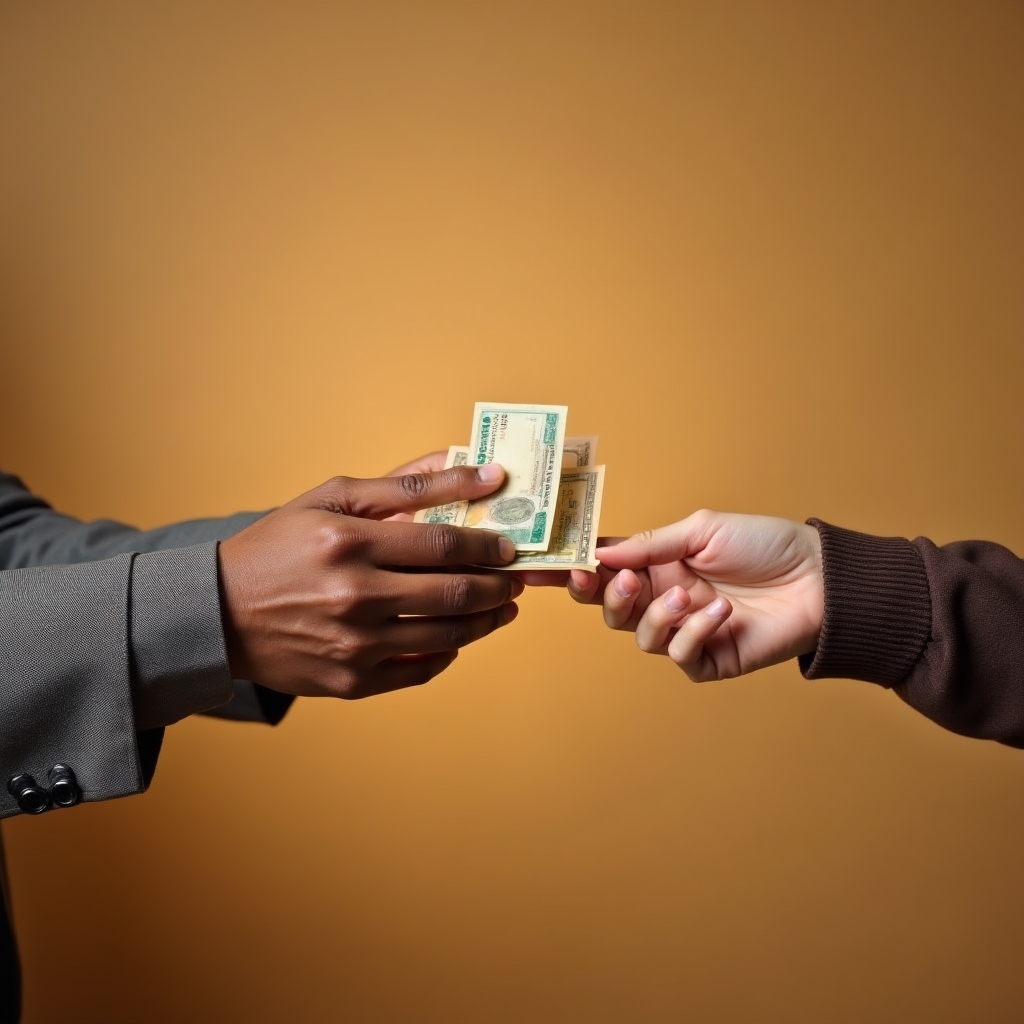 Adult hands exchanging money with warmth, representing generosity and financial giving