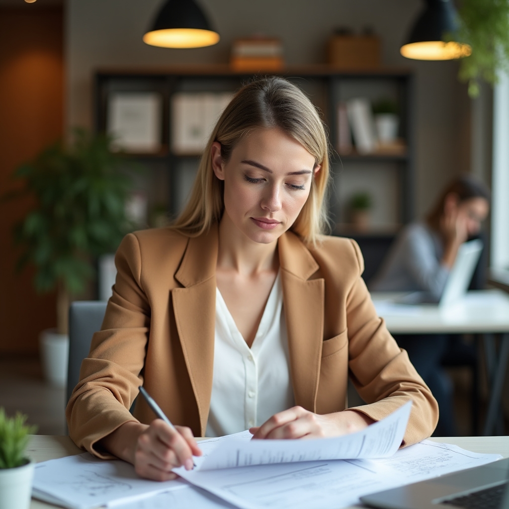 Financial educator in business attire seated at a desk reviewing course materials with focused attention